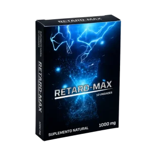 Blue lightning-themed Retard-Max supplement box, shows '10 UNIDADES' and '1000 mg' on front (natural supplement)